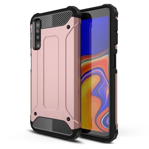 SAMSUNG Galaxy A7 (2018) SM-A750F Defender műanyag telefonvédő (közepesen ütésálló, légpárnás sarok, gumi / szilikon belső, fémhatás) ROZÉARANY	