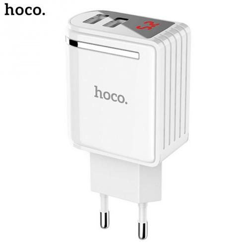 HOCO hálózati töltő 2 x USB aljzat (5V / 2200mA, 12W, LED kijelző, kábel nélkül) FEHÉR	