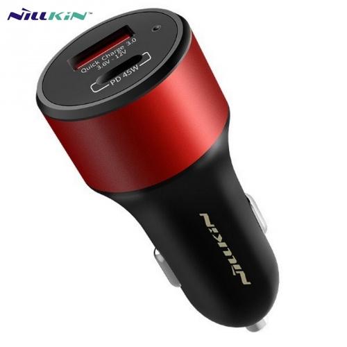 NILLKIN DUOS szivargyújtó töltő / autós töltő 2 x USB aljzat (15V / 3000mA, Type-C, gyorstöltés támogatás) FEKETE/PIROS	