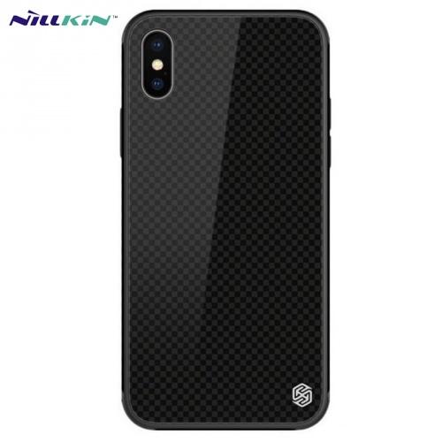 APPLE IPhone XS Max 6.5 NILLKIN TEMPERED PLAID telefonvédő szilikon keret (BUMPER, edzett üveg hátlap, 2.5D, négyzet minta) FEKETE	