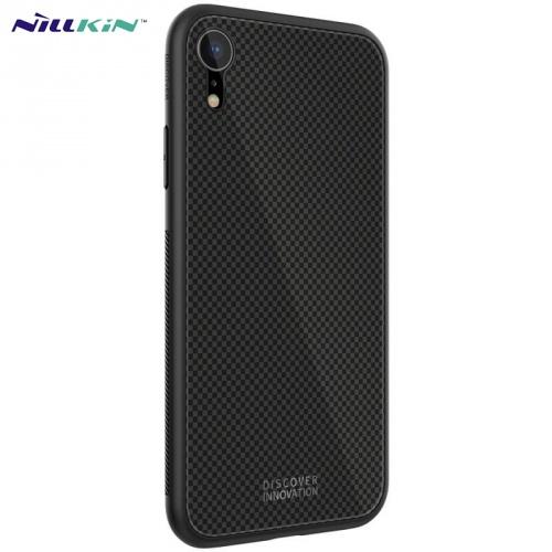 APPLE IPhone XR 6.1 NILLKIN TEMPERED PLAID telefonvédő szilikon keret (BUMPER, edzett üveg hátlap, 2.5D, négyzet minta) FEKETE	