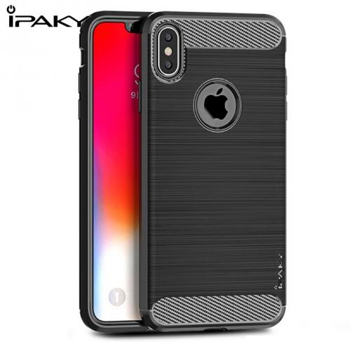 APPLE IPhone XS Max 6.5 IPAKY telefonvédő gumi / szilikon (közepesen ütésálló, szálcsiszolt, karbonminta, logo kivágás) FEKETE	