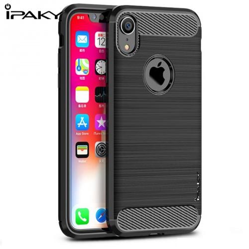 APPLE IPhone XR 6.1 IPAKY telefonvédő gumi / szilikon (közepesen ütésálló, szálcsiszolt, karbonminta, logo kivágás) FEKETE	