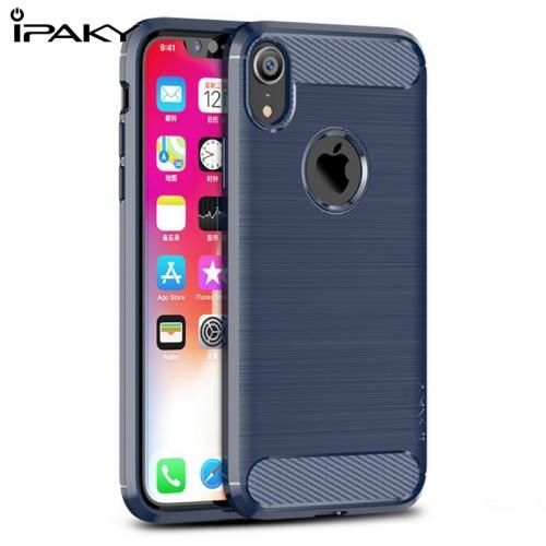 APPLE IPhone XR 6.1 IPAKY telefonvédő gumi / szilikon (közepesen ütésálló, szálcsiszolt, karbonminta, logo kivágás) SÖTÉTKÉK	