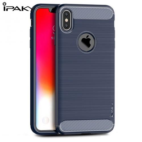 APPLE IPhone XS Max 6.5 IPAKY telefonvédő gumi / szilikon (közepesen ütésálló, szálcsiszolt, karbonminta, logo kivágás) SÖTÉTKÉK	