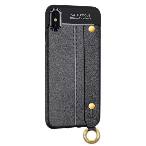 APPLE IPhone XS Max 6.5 Telefonvédő gumi / szilikon (közepesen ütésálló, bőrhatás, varrás minta, kézi tartópánt) FEKETE	