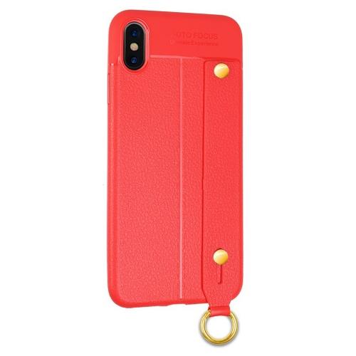 APPLE IPhone XS Max 6.5 Telefonvédő gumi / szilikon (közepesen ütésálló, bőrhatás, varrás minta, kézi tartópánt) PIROS	