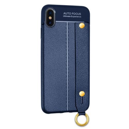 APPLE IPhone XS Max 6.5 Telefonvédő gumi / szilikon (közepesen ütésálló, bőrhatás, varrás minta, kézi tartópánt) SÖTÉTKÉK	