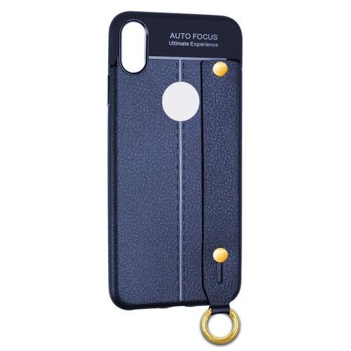 APPLE IPhone X 5.8 /APPLE IPhone XS 5.8 Telefonvédő gumi / szilikon (közepesen ütésálló, bőrhatás, varrás minta, kézi tartópánt) SÖTÉTKÉK	