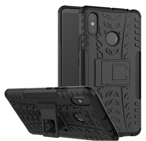 XIAOMI Mi Max 3 Defender műanyag telefonvédő (közepesen ütésálló, gumi / szilikon belső, kitámasztó, autógumi minta) FEKETE	