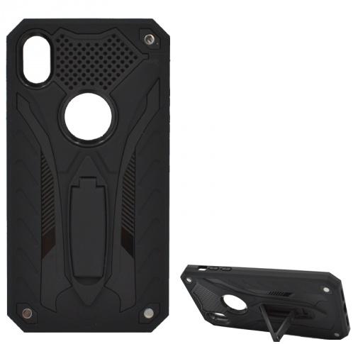 APPLE IPhone XR 6.1 Defender műanyag telefonvédő (közepesen ütésálló, gumi / szilikon belső, kitámasztó, logo kivágás) FEKETE	