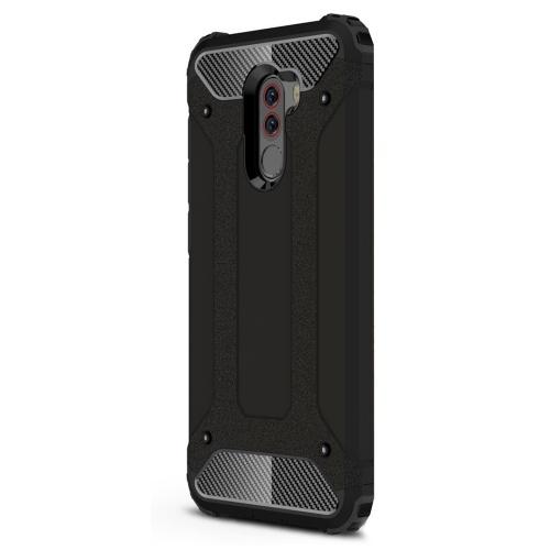 XIAOMI Pocophone F1 Defender műanyag telefonvédő (közepesen ütésálló, légpárnás sarok, gumi / szilikon belső, fémhatás) FEKETE	