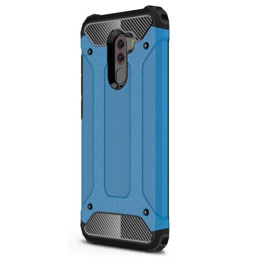 XIAOMI Pocophone F1 Defender műanyag telefonvédő (közepesen ütésálló, légpárnás sarok, gumi / szilikon belső, fémhatás) VILÁGOSKÉK	