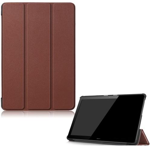 HUAWEI Mediapad T5 10 LTE /HUAWEI Mediapad T5 10 WIFI Tok álló, bőr hatású (FLIP, oldalra nyíló, TRIFOLD asztali tartó funkció) SÖTÉTBARNA