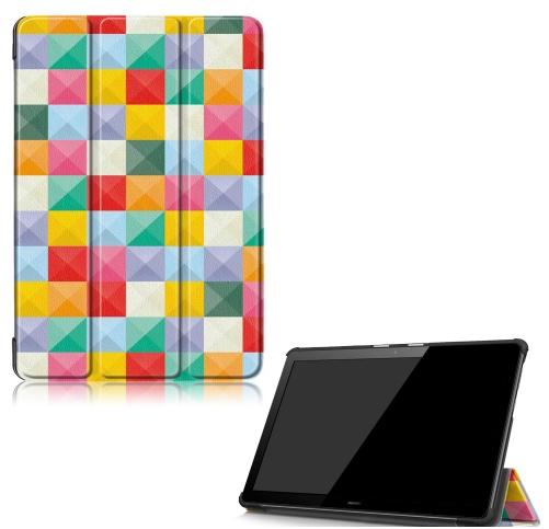 HUAWEI Mediapad T5 10 LTE /HUAWEI Mediapad T5 10 WIFI Tok álló, bőr hatású (FLIP, oldalra nyíló, TRIFOLD asztali tartó funkció, kocka minta) SZÍNES