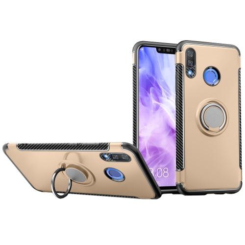 HUAWEI Nova 3 Műanyag telefonvédő (szilikon keret, asztali tartó funkció, telefontartó gyűrű, beépített fémlemez, karbon minta) ARANY	