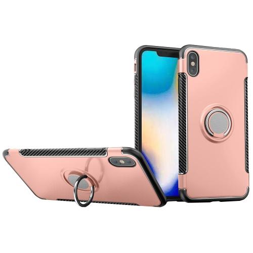 APPLE IPhone XS Max 6.5 Műanyag telefonvédő (szilikon keret, asztali tartó, telefontartó gyűrű, beépített fémlemez, karbon minta) ROZÉARANY	