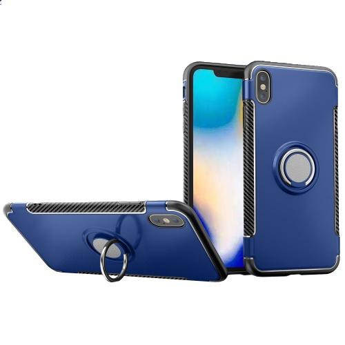 APPLE IPhone XS Max 6.5 Műanyag telefonvédő (szilikon keret, asztali tartó, telefontartó gyűrű, beépített fémlemez, karbon minta) SÖTÉTKÉK	