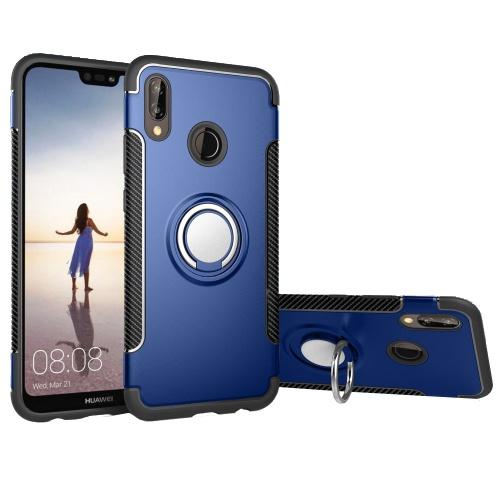 HUAWEI P20 Lite Műanyag telefonvédő (szilikon keret, asztali tartó, telefontartó gyűrű, beépített fémlemez, karbon minta) SÖTÉTKÉK	