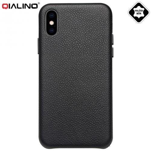 APPLE IPhone XS Max 6.5 QIALINO műanyag telefonvédő (valódi bőrbevonat, érdes felületű) FEKETE	