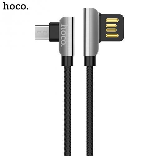 HOCO U42 adatátvitel kábel (microUSB, 120 cm, 90 fokos, gyorstöltés támogatás, cipőfűző minta) FEKETE