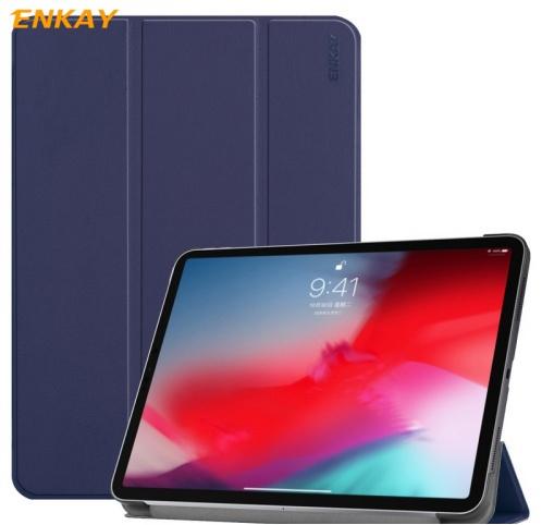 APPLE IPAD Pro 11 (2018) ENKAY tok álló, bőr (aktív flip, oldalra nyíló, TRIFOLD asztali tartó funkció, Apple Pen töltés támogatás) SÖTÉTKÉK	