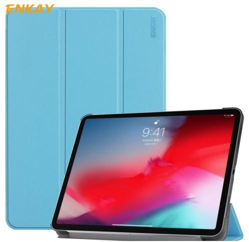 APPLE IPAD Pro 11 (2018) ENKAY tok álló, bőr (aktív flip, oldalra nyíló, TRIFOLD asztali tartó funkció, Apple Pen töltés támogatás) VILÁGOSKÉK	