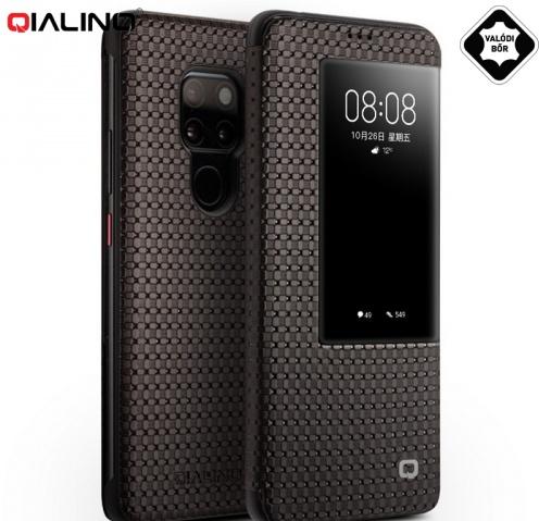 HUAWEI Mate 20 QIALINO tok álló, valódi bőr (aktív flip, oldalra nyíló, fonott minta, View Window) BARNA	