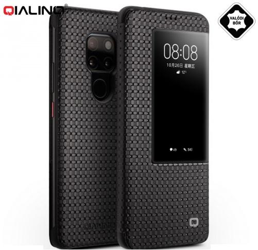 HUAWEI Mate 20 QIALINO tok álló, valódi bőr (aktív flip, oldalra nyíló, fonott minta, View Window) FEKETE	