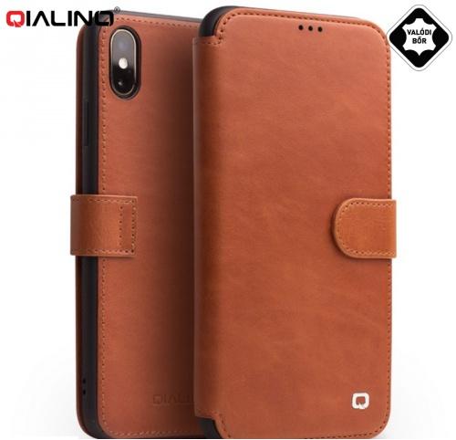APPLE IPhone XS Max 6.5 QIALINO tok álló, valódi bőr (FLIP, oldalra nyíló, bankkártya tartó, pénztárca funkció) BARNA	