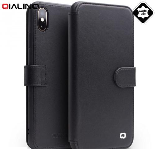 APPLE IPhone XS Max 6.5 QIALINO tok álló, valódi bőr (FLIP, oldalra nyíló, bankkártya tartó, pénztárca funkció) FEKETE	