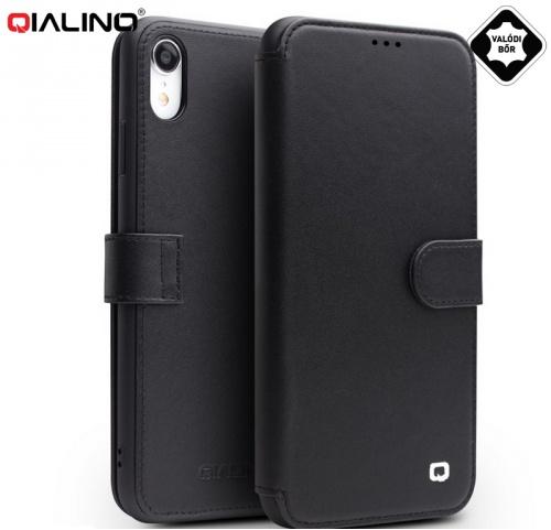 APPLE IPhone XR 6.1 QIALINO tok álló, valódi bőr (FLIP, oldalra nyíló, bankkártya tartó, pénztárca funkció) FEKETE	
