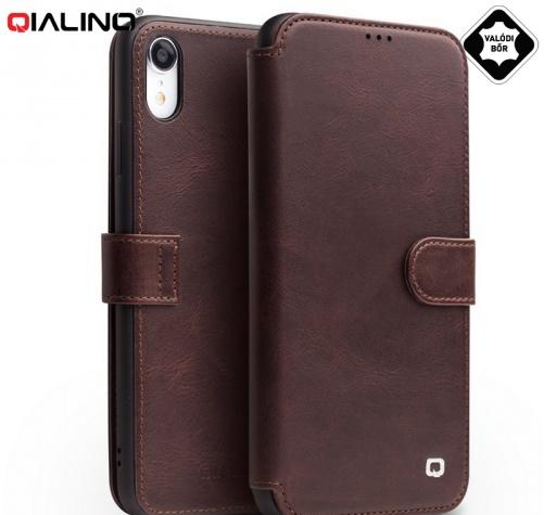 APPLE IPhone XR 6.1 QIALINO tok álló, valódi bőr (FLIP, oldalra nyíló, bankkártya tartó, pénztárca funkció) SÖTÉTBARNA	