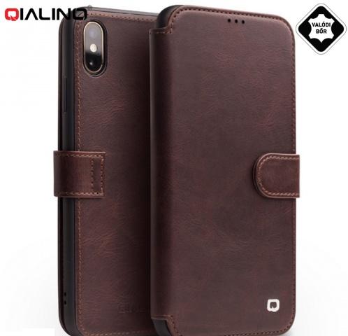 APPLE IPhone XS Max 6.5 QIALINO tok álló, valódi bőr (FLIP, oldalra nyíló, bankkártya tartó, pénztárca funkció) SÖTÉTBARNA	
