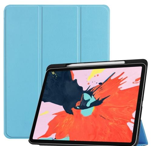 APPLE IPAD Pro 12.9 (2018) Tok álló, bőr (aktív flip, oldalra nyíló, TRIFOLD asztali tartó funkció, Apple Pencil tartó) VILÁGOSKÉK	