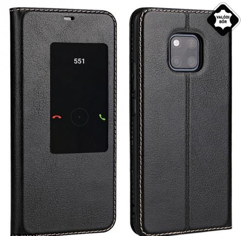 HUAWEI Mate 20 Pro Tok álló, valódi bőr (FLIP, oldalra nyíló, asztali tartó funkció, View Window) FEKETE	