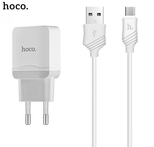 HOCO C22A hálózati töltő USB aljzat (5V / 2400mA, microUSB kábel) FEHÉR	