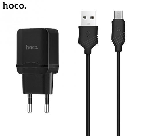 HOCO C22A hálózati töltő USB aljzat (5V / 2400mA, microUSB kábel) FEKETE	