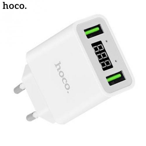 HOCO C25A hálózati töltő 2 x USB aljzat (5V / 2200mA, LED kijelző, kábel nélkül) FEHÉR	
