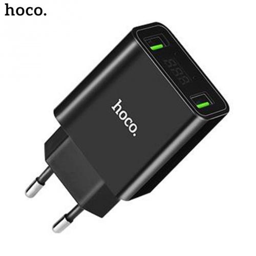 HOCO C25A hálózati töltő 2 x USB aljzat (5V / 2200mA, LED kijelző, kábel nélkül) FEKETE	