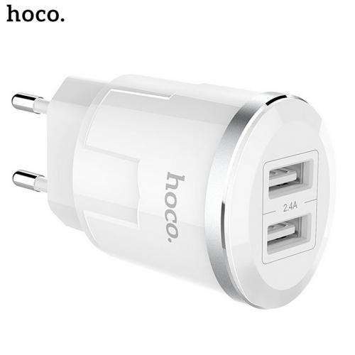 HOCO C38A hálózati töltő 2 x USB aljzat (5V / 2400mA, gyorstöltés támogatás, kábel nélkül) FEHÉR	