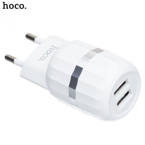 HOCO C41A hálózati töltő 2 x USB aljzat (5V / 2400mA, 12W, gyorstöltés támogatás, kábel nélkül) FEHÉR	