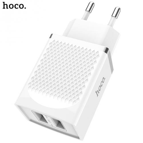 HOCO C43A hálózati töltő 2 x USB aljzat (5V / 2200mA, 12W, gyorstöltés támogatás, kábel nélkül) FEHÉR	