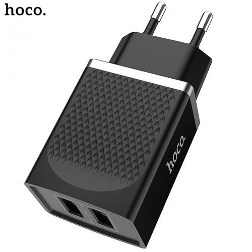 HOCO C43A hálózati töltő 2 x USB aljzat (5V / 2200mA, 12W, gyorstöltés támogatás, kábel nélkül) FEKETE	