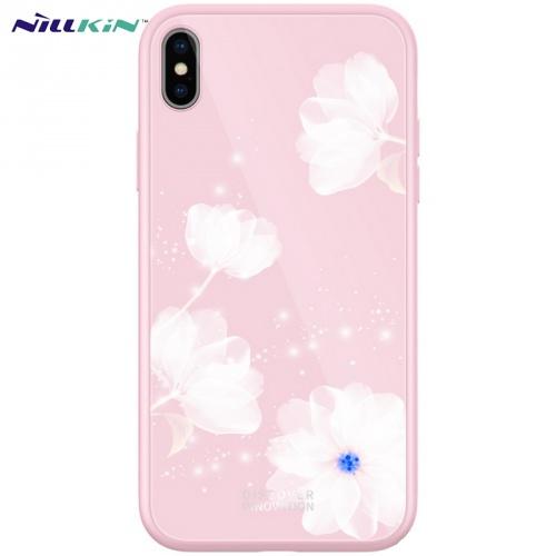 APPLE IPhone X 5.8 /APPLE IPhone XS 5.8 NILLKIN TEMPERED PLAID telefonvédő szilikon keret (BUMPER, edzett üveg hátlap, 2.5D, virágminta) RÓZSASZÍN	