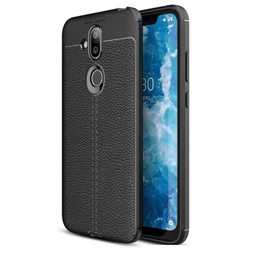 NOKIA 8.1 (X7) Telefonvédő gumi / szilikon (közepesen ütésálló, bőrhatás, varrás minta) FEKETE	