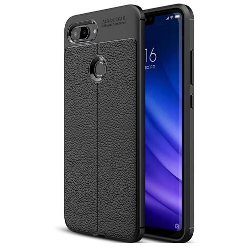 XIAOMI Mi 8 Lite Telefonvédő gumi / szilikon (közepesen ütésálló, bőrhatás, varrás minta) FEKETE	