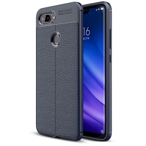 XIAOMI Mi 8 Lite Telefonvédő gumi / szilikon (közepesen ütésálló, bőrhatás, varrás minta) SÖTÉTKÉK	