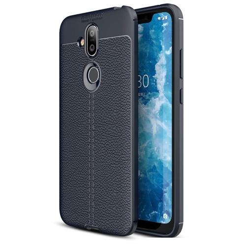 NOKIA 8.1 (X7) Telefonvédő gumi / szilikon (közepesen ütésálló, bőrhatás, varrás minta) SÖTÉTKÉK	