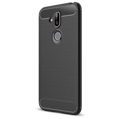 NOKIA 8.1 (X7) Telefonvédő gumi / szilikon (közepesen ütésálló, légpárnás sarok, szálcsiszolt, karbonminta) FEKETE	